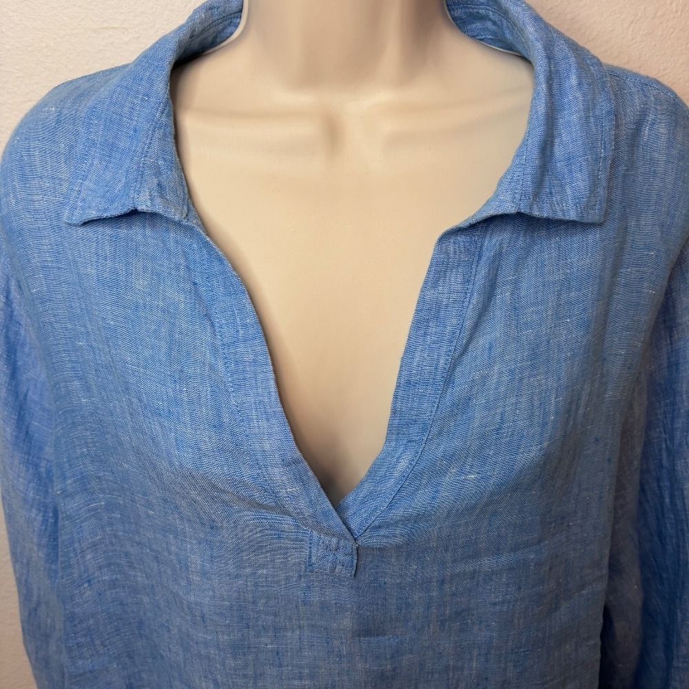 Tahari Blue Linen Tunic Blouse MOP Buttons V Neck Collar Women's Sz 1X